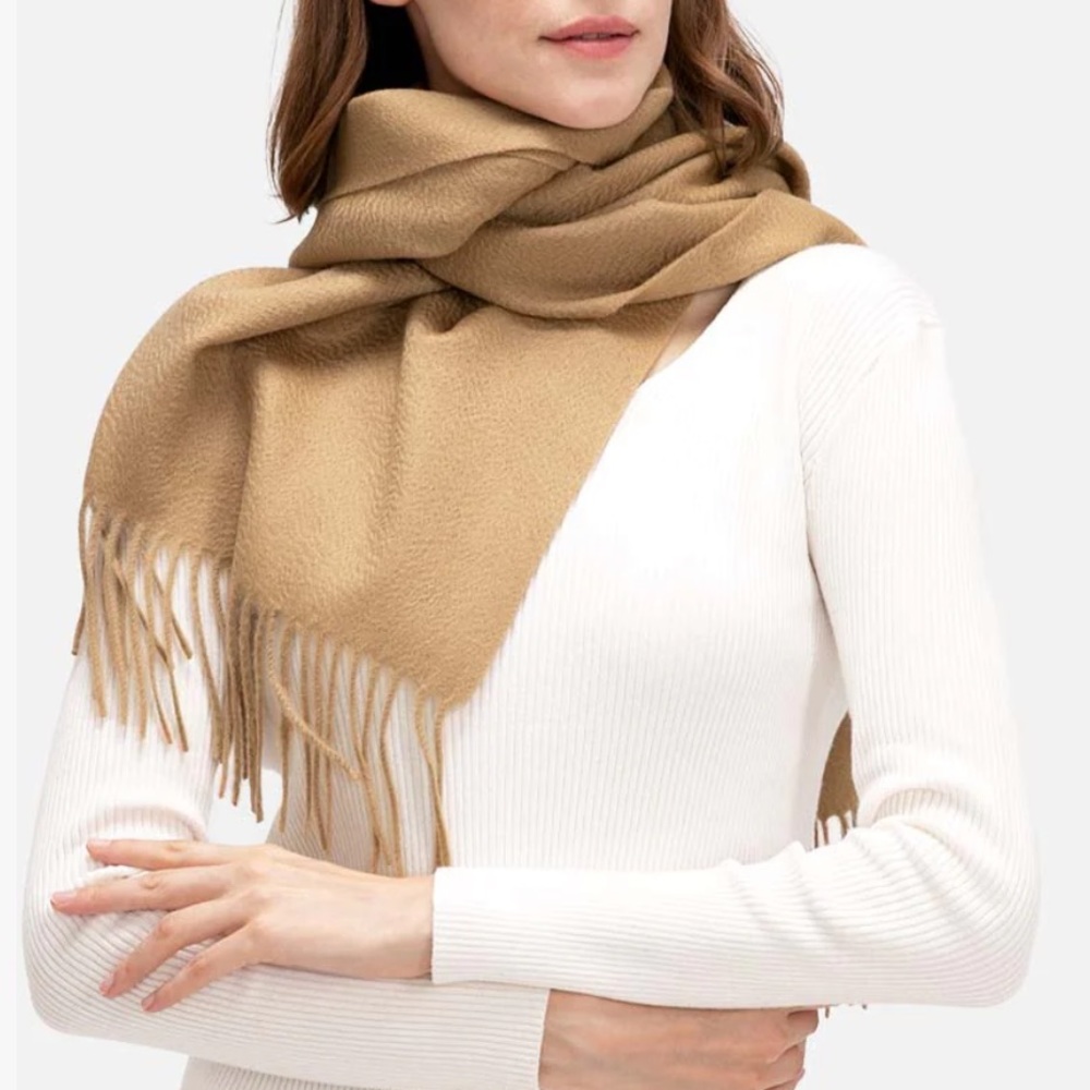 NWOT Reversible Tan & Cream Scarf with Fringe